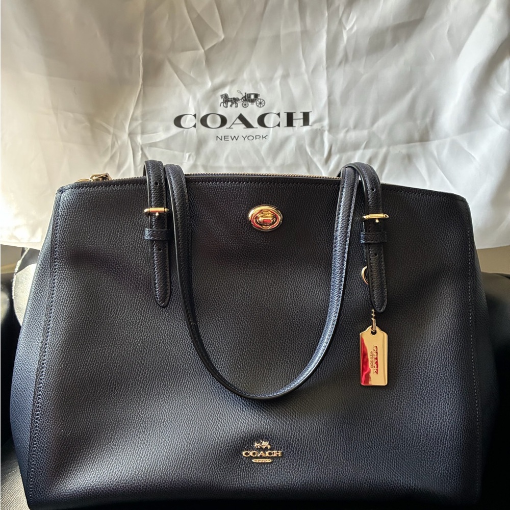 Coach Turnlock Black Leather Tote with Gold-Tone Accents